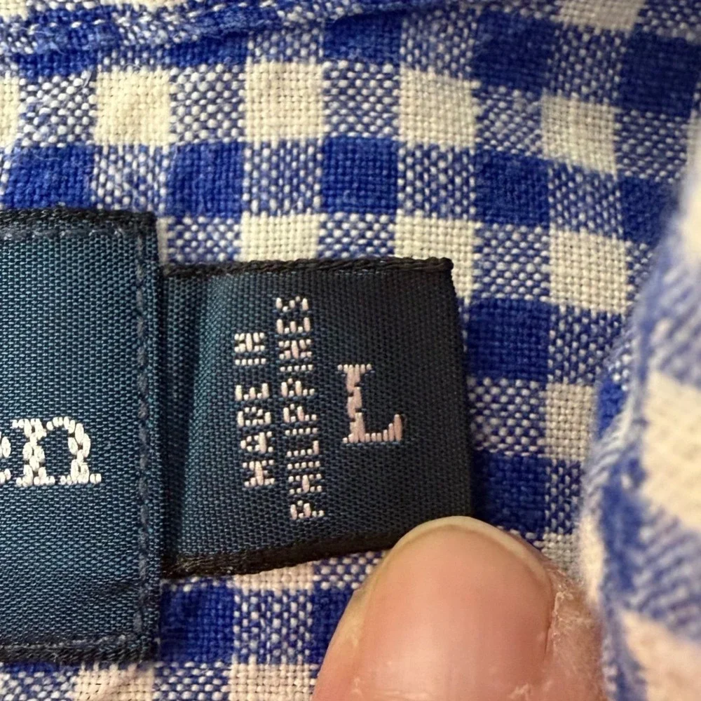 Polo Ralph Lauren Linen Shirt Mens Large Blue Gingham Short Sleeve Custom Fit